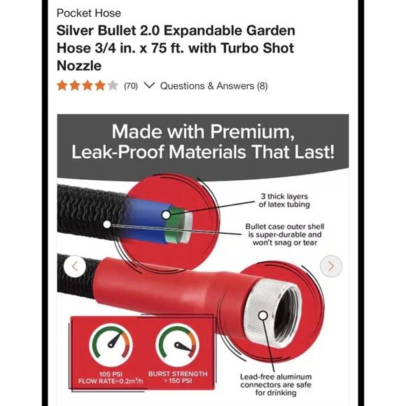 Pocket Hose Silver Bullet 2.0 Expandable Garden Hose 75-FT, Brand New - Picture 5 of 5